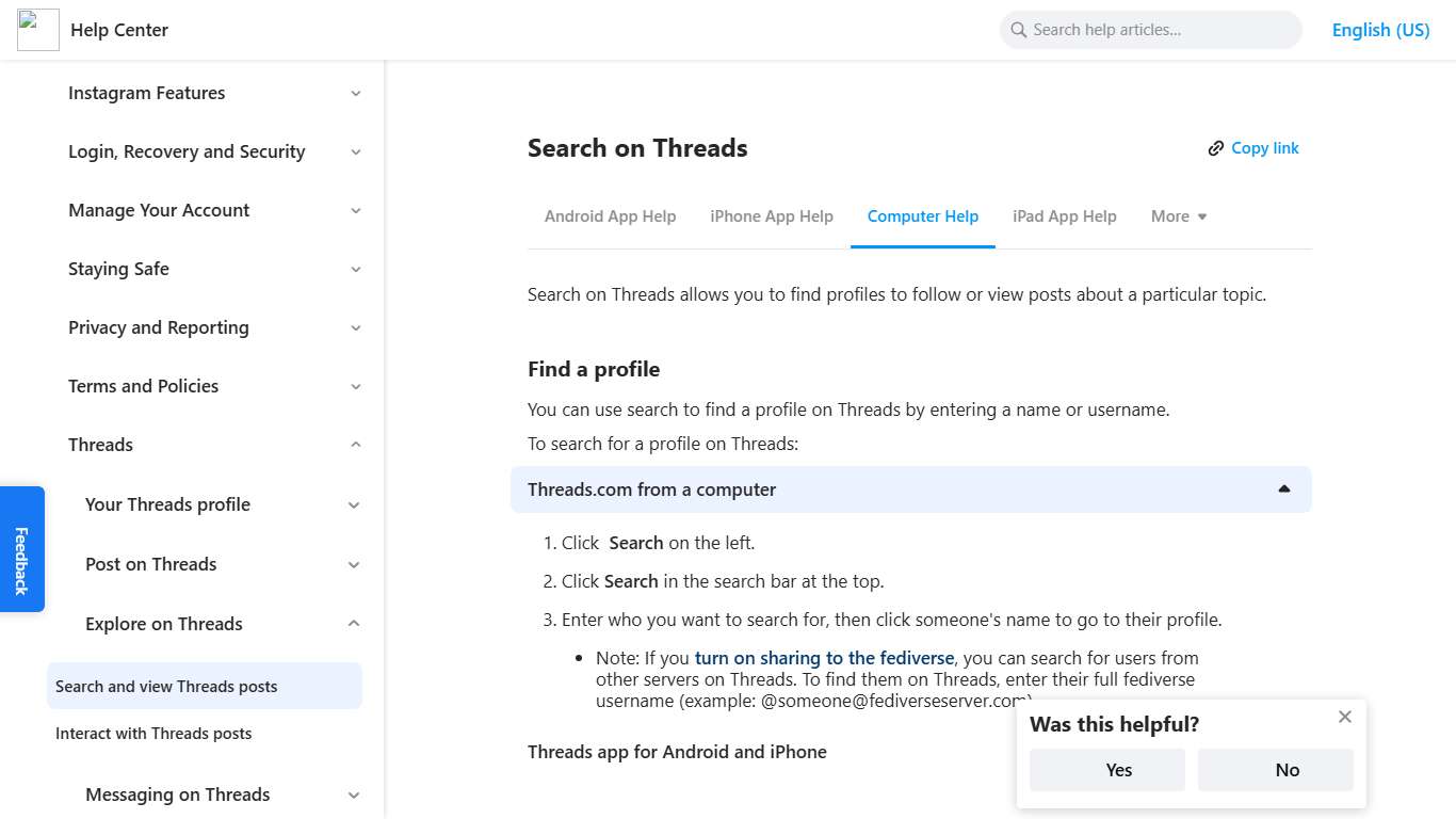 Search on Threads Instagram Help Center